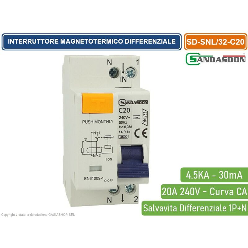 immagine 0 del prodotto sandasdon interruttore magnetotermico differenziale salvavita per barra din 2 moduli 1p n 20a c20 240v 30ma 4.5ka