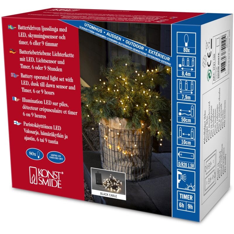 foto del prodotto 3741 100 catena luminosa led, diodi rotondi, con interruttore on off e sensore luminoso, timer per 6 e 9 ore, adatta a esterni ip44 , 80 diodi a