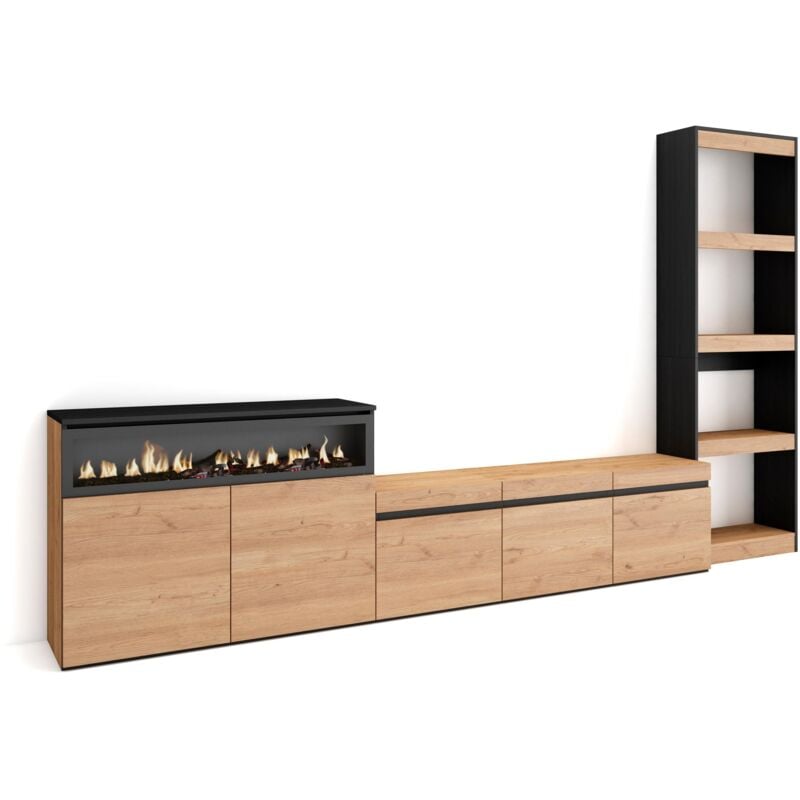 foto del prodotto mobile soggiorno tv, parete attrezzata soggiorno, 310x186x35cm, per tv fino a 65 , camino elettrico, stile moderno, rovere e nero skraut home