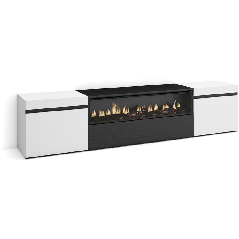 foto del prodotto mobile tv soggiorno, ampio spazio a disposizione, 200x45x35cm, per tv fino a 80 , camino elettrico, stile moderno, bianco e nero skraut home