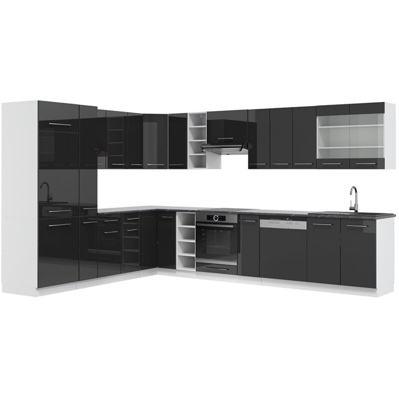 foto del prodotto cucina angolare completa fame line, antracite lucido bianco, 347 x 257 cm senza piano di lavoro, vicco
