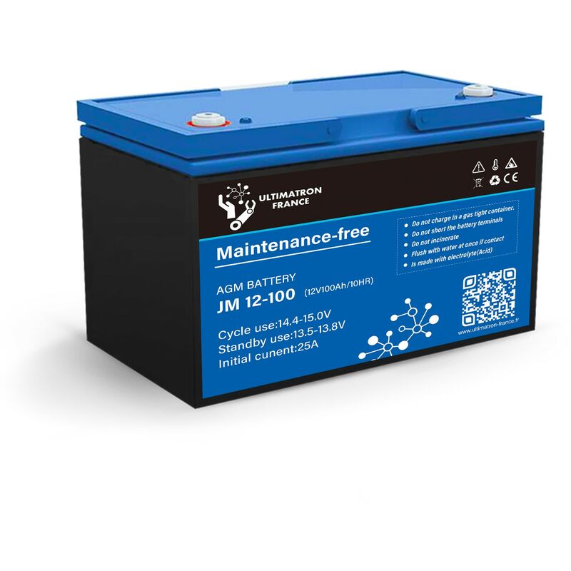 foto del prodotto batteria piombo agm piastra piana 100ah 12v senza manutenzione ultimatron france