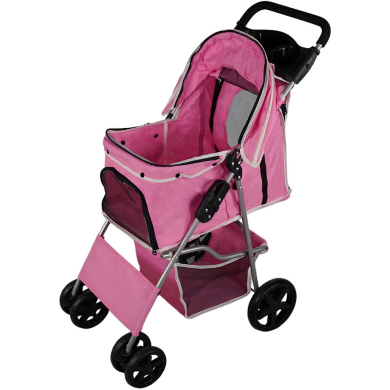 foto del prodotto monster shop passeggino per animali domestici passeggino rosa trasportino da viaggio pieghevole portata 15kg 4 ruote freni gatto cane gancio di