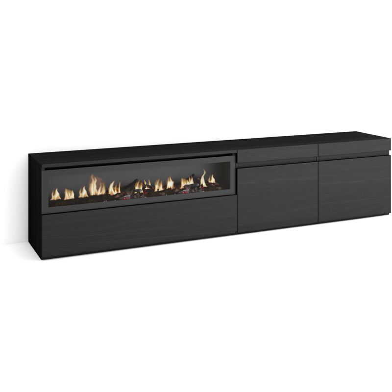 foto del prodotto mobile tv soggiorno, ampio spazio a disposizione, 200x45x35cm, per tv fino a 80 , camino elettrico, stile moderno, nero skraut home