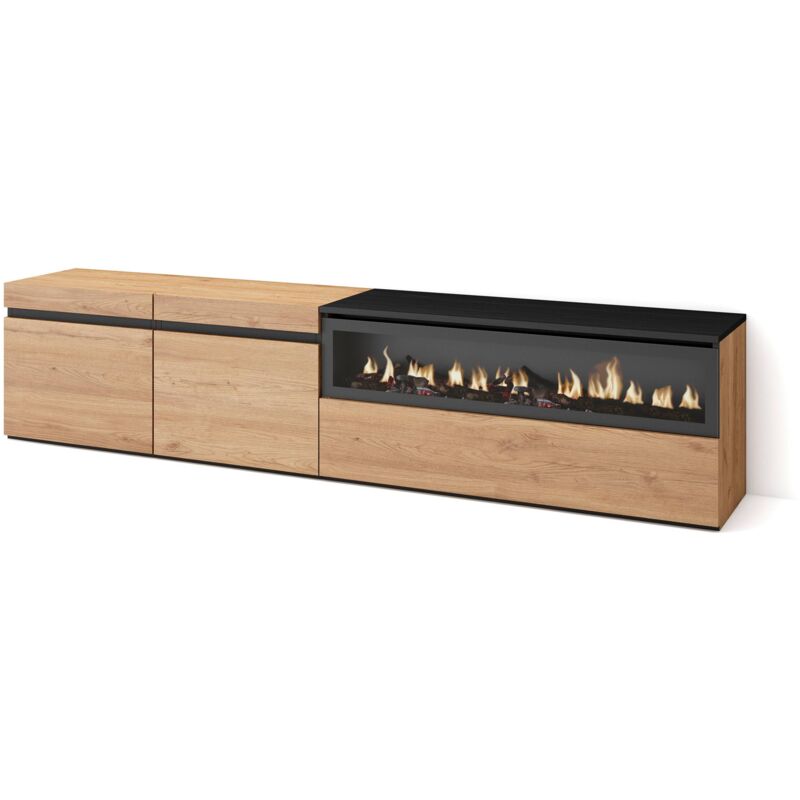 foto del prodotto mobile tv soggiorno, ampio spazio a disposizione, 200x45x35cm, per tv fino a 80 , camino elettrico, stile moderno, rovere e nero skraut home