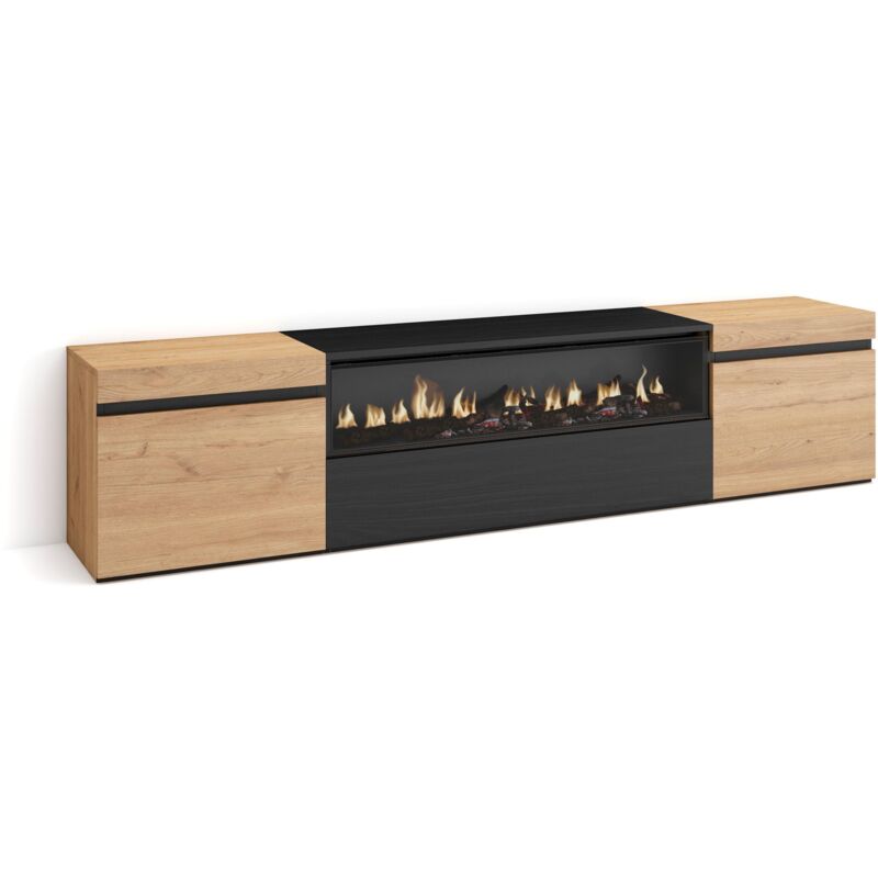 foto del prodotto mobile tv soggiorno, ampio spazio a disposizione, 200x45x35cm, per tv fino a 80 , camino elettrico, stile moderno, rovere e nero skraut home