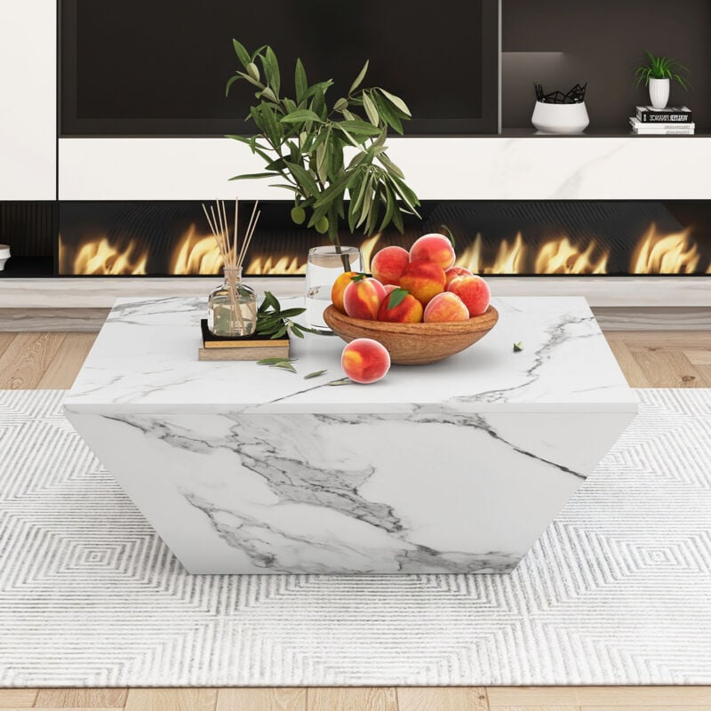 foto del prodotto tavolino moderno a tamburo, tavolino trapezoidale impiallacciato in marmo bianco, tavolo da soggiorno 70 70 37 cm okwish