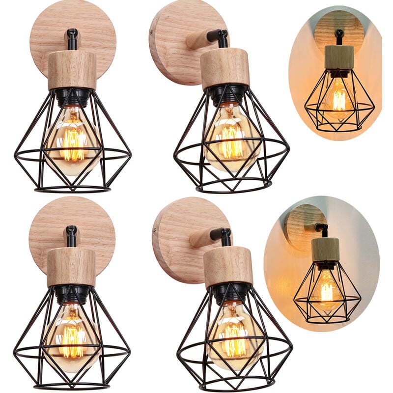 foto del prodotto axhup lampada da parete in legno e27 lampada a muro vintage industriale gabbia diamante metallica e27 40w per soggiorno camera da letto sala da