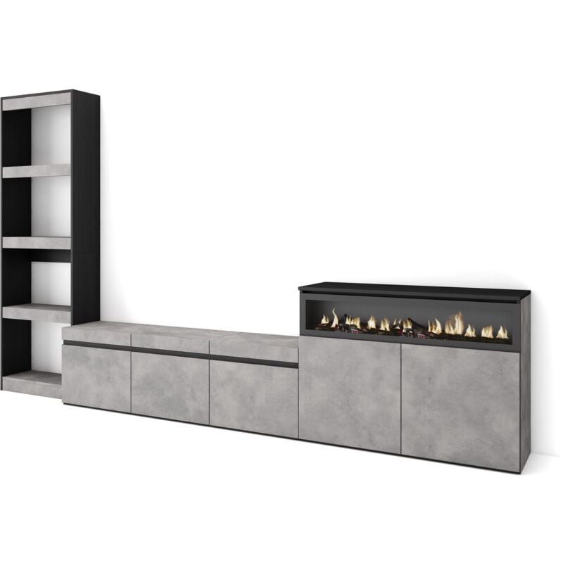 foto del prodotto mobile soggiorno tv, parete attrezzata soggiorno, 310x186x35cm, per tv fino a 65 , camino elettrico, stile moderno, grigio cemento skraut home