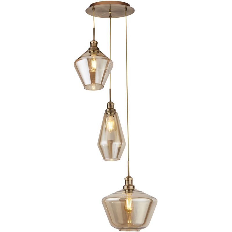 foto del prodotto searchlight lampadario contemporaneo mia acciaio ottone vetro ambra 3 luci e27