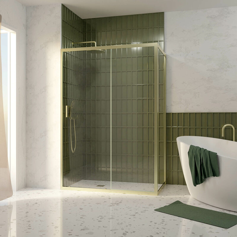 foto del prodotto porta doccia scorrevole 140x200cm e parete laterale fissa 80cm finitura oro spazzolato vetro 6mm
