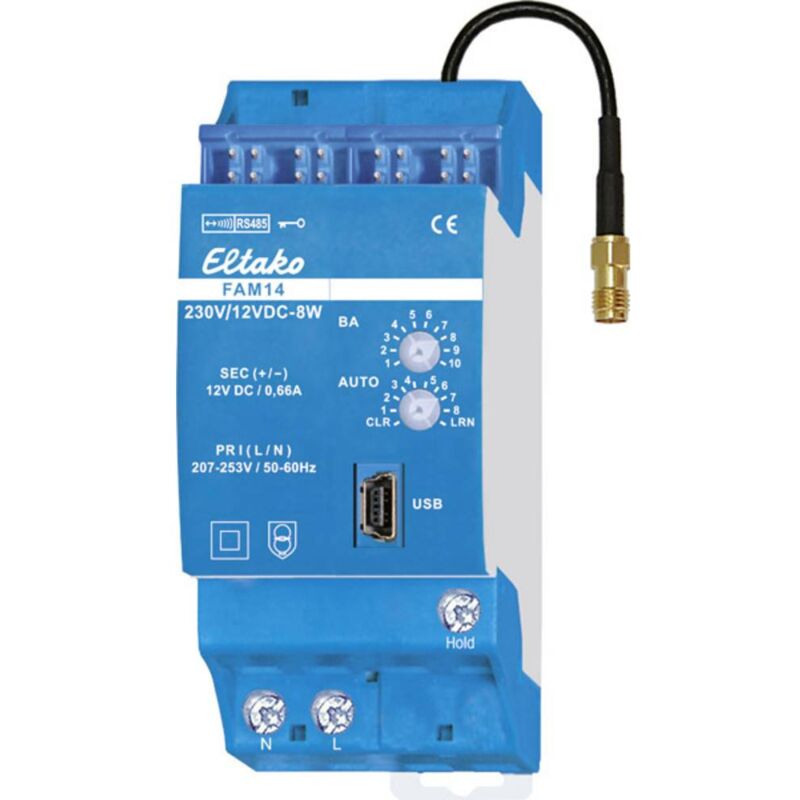 foto del prodotto fam14 eltako senza fili modulo antenna guida din raggio di azione max. campo libero 30 m