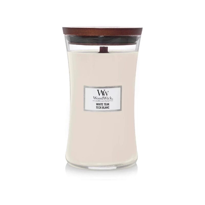 foto del prodotto woodwick candela grande con stoppino scoppiettante white teak 130 ore