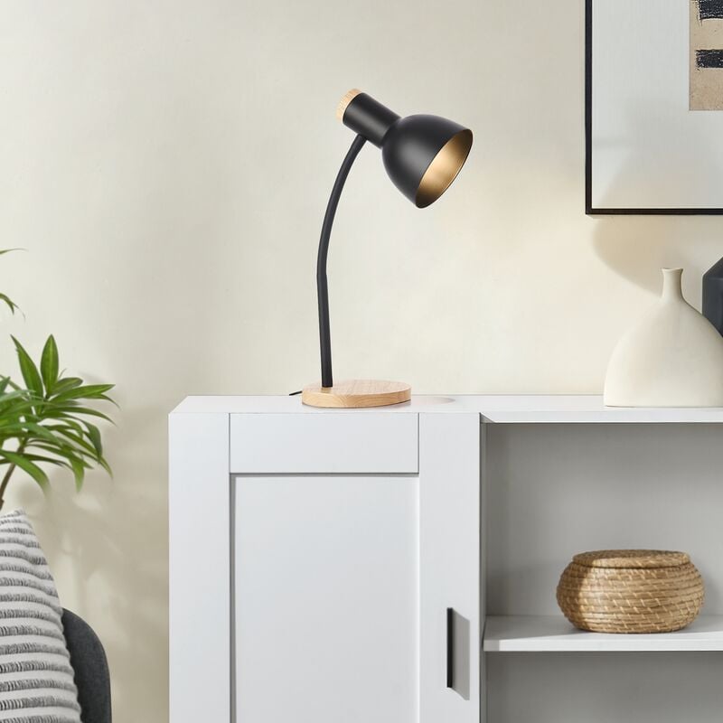 foto del prodotto lux.pro lampada da tavolo woodley con braccio flessibile nero legno naturale