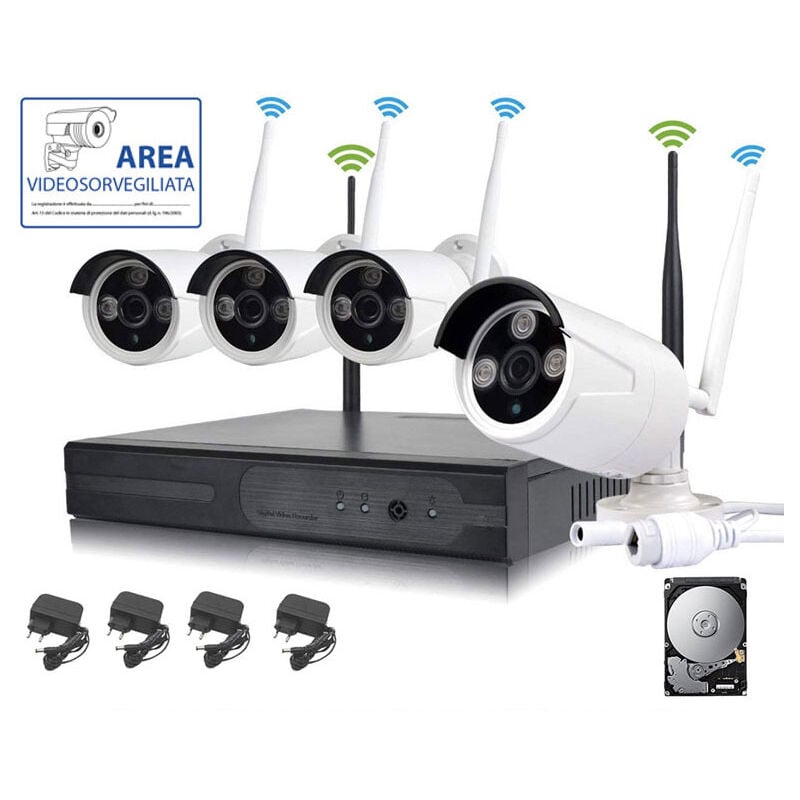 foto del prodotto kit videosorveglianza wireless full hd ip 4 telecamere 2 mpx wifi da remoto hd 500 gb