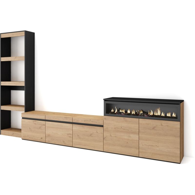 foto del prodotto mobile soggiorno tv, parete attrezzata soggiorno, 310x186x35cm, per tv fino a 65 , camino elettrico, stile moderno, rovere e nero skraut home