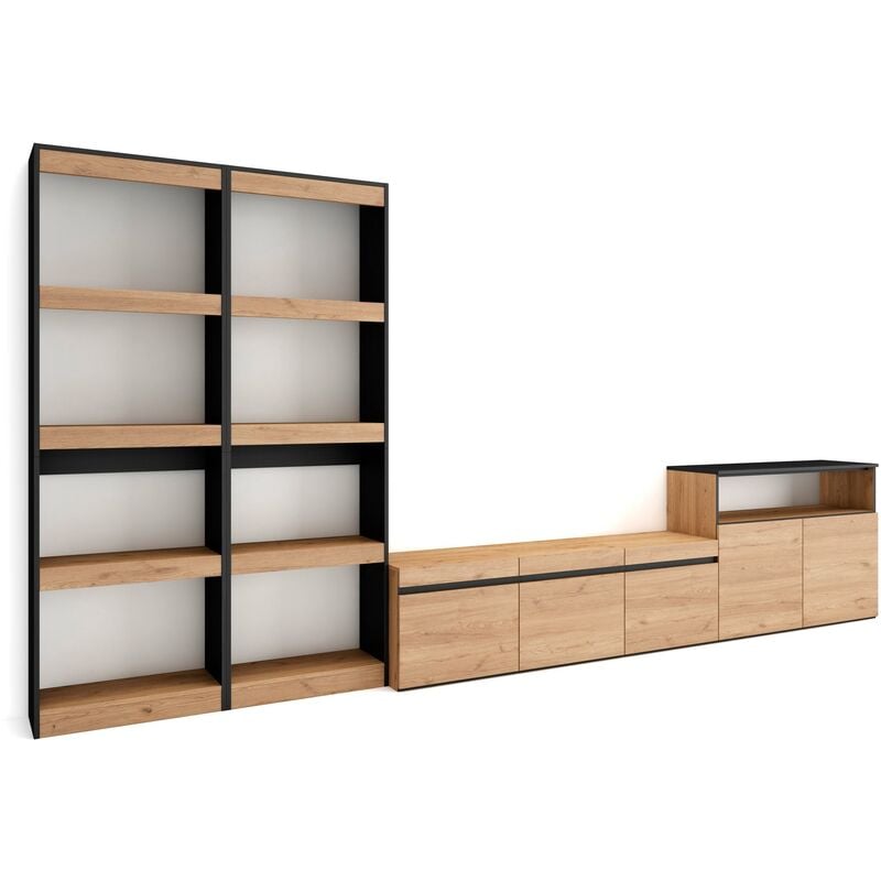 foto del prodotto mobile soggiorno tv, parete attrezzata soggiorno, 370x186x35cm, per tv fino a 65 , set di mobili, stile moderno, rovere e nero skraut home