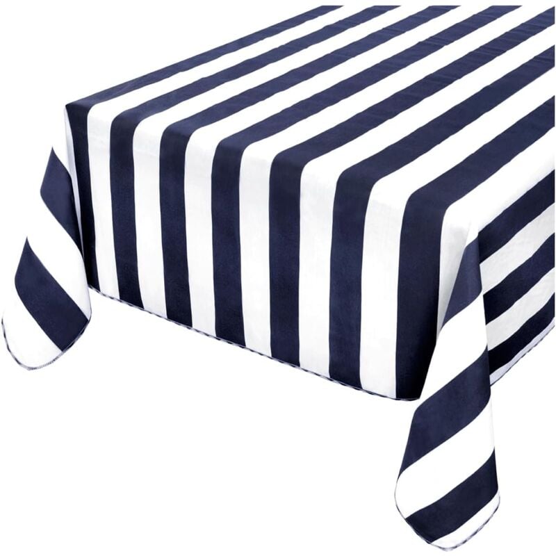 foto del prodotto tovaglia giardino cotone bordata a righe varie misure copri tavolo piscina cucina blu 135x230 cm