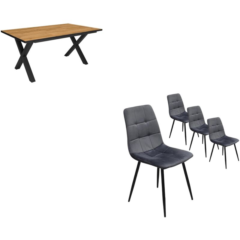 foto del prodotto set mobili, tavolo da pranzo, 170, rovere e nero, industriale, tavolo, pack di 4 sedie da pranzo, sedia imbottita skraut home