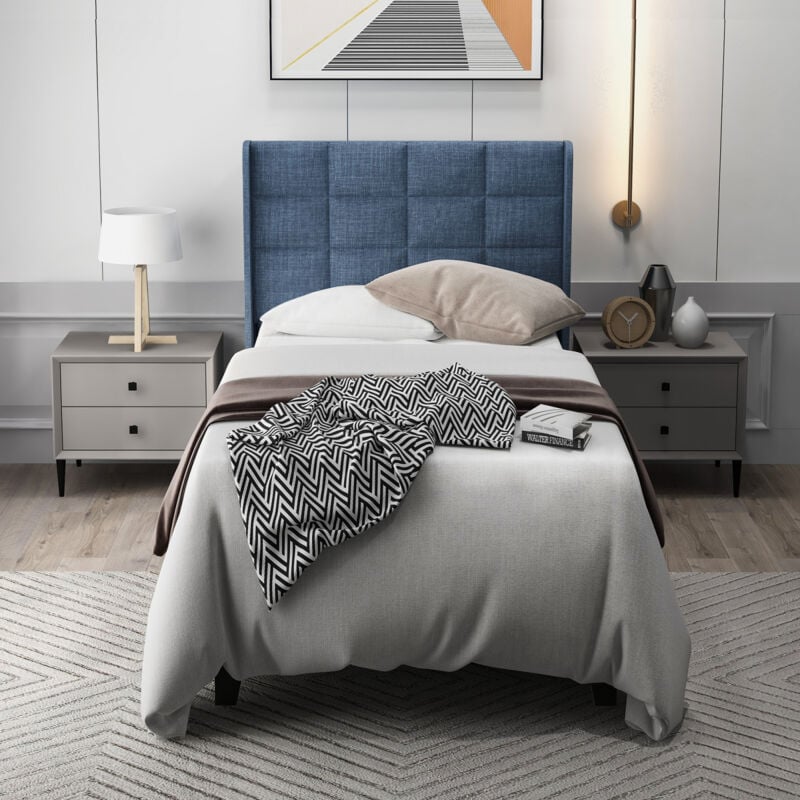 foto del prodotto letto per adulti 90x200 cm, letto singolo imbottito con rete a doghe, letto per ragazzi in lino, blu, senza materasso