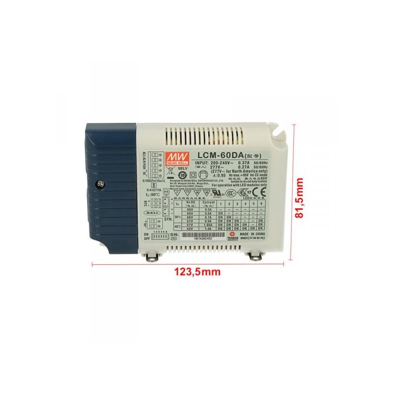 foto del prodotto led driver cc mw mean well lcm 60da2 dimmerabile dali corrente costante selezionabile 500 600 700 900 1050 1400ma