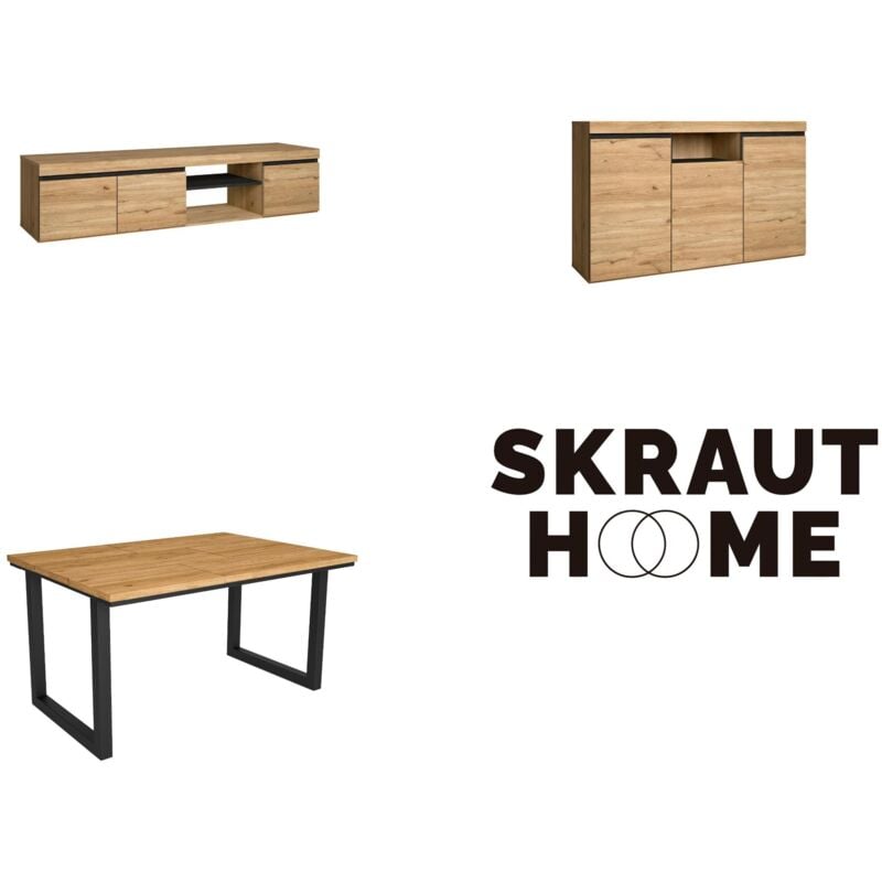 foto del prodotto set di mobili per il soggiorno, tavolo 140 piedi u 6 commensali, mobile tv 160, madia credenza 140, rovere e nero, stile industriale skraut home