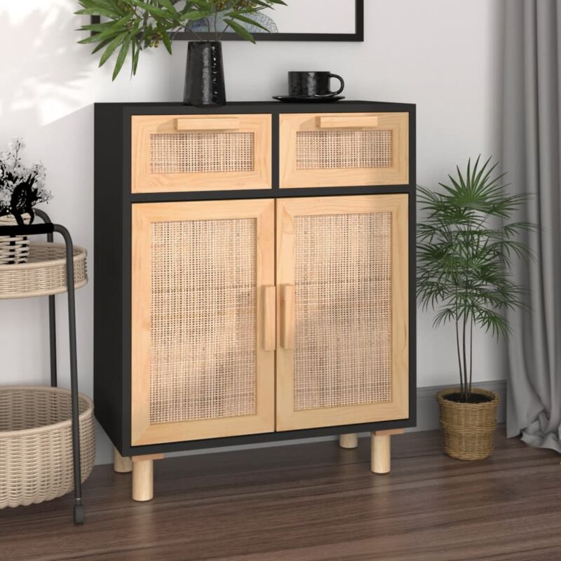 foto del prodotto vidaxl credenza nera 60x30x75 cm legno massello pino e rattan naturale