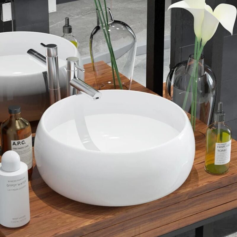 foto del prodotto lavandino lavabi da appoggio lavabo rotondo in ceramica bianca 40 x 15 cm
