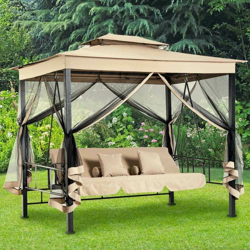 foto del prodotto bakaji dondolo letto 3 posti con gazebo parasole zanzariera giardino beige 257x174x235