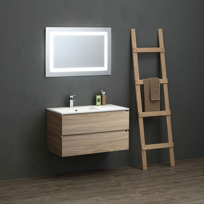 foto del prodotto kiamami valentina mobile bagno 90cm rovere con lavabo assimmetrico e specchio led valentina