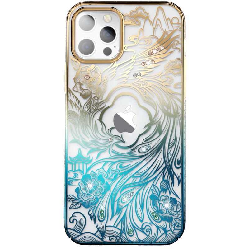foto del prodotto lussuosa custodia per iphone 14 con cristalli della serie phoenix, oro e blu