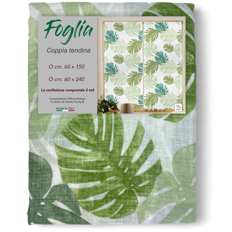 foto del prodotto tex family coppia tendina a vetro foglia verde larga cm. 60 da finestra e da porta coppia 2 teli cm. 60x240