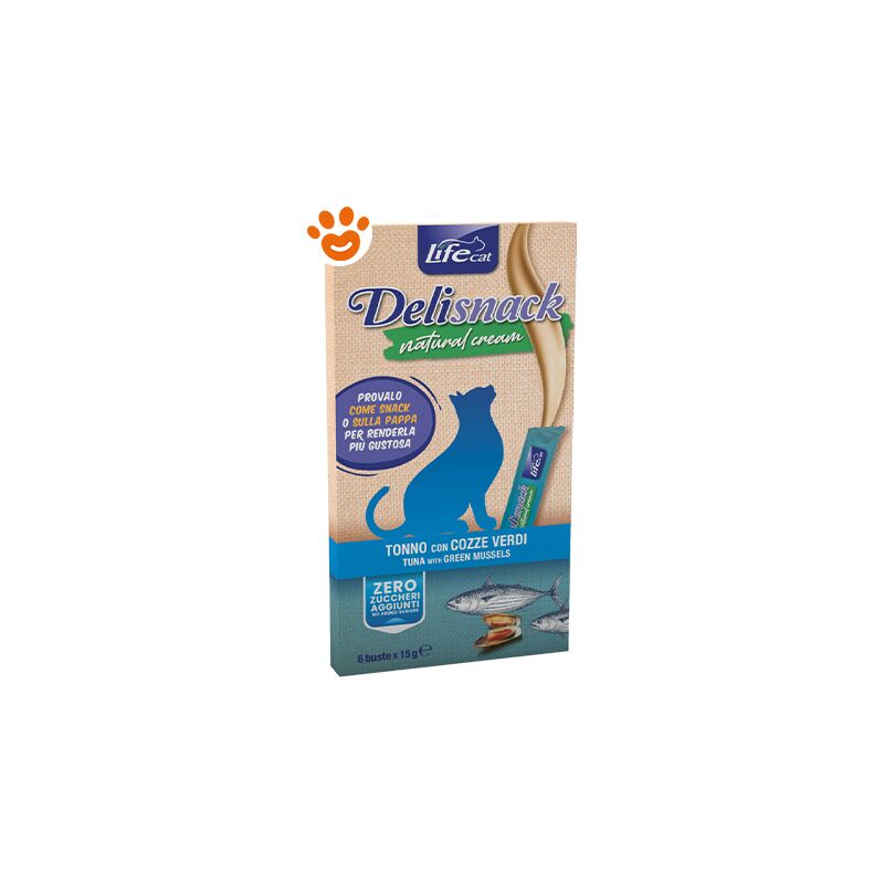 foto del prodotto cat delisnack natural cream tonno e cozze verdi cat delisnack natural cream tonno e cozze verdi confezione da 6x15 gr life