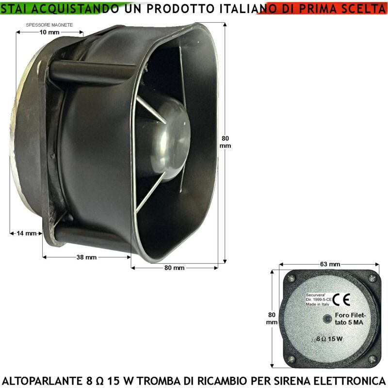 foto del prodotto securvera tromba altoparlante ricambio sirena allarme impedenza 8 ohm potenza 15 w suoni alta frequenza da 850 4600 hz tweeter magnete 70xh10mm