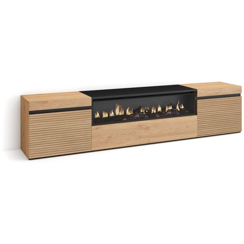 foto del prodotto mobile tv soggiorno, ampio spazio a disposizione, 200x45x35cm, per tv fino a 80 , camino elettrico, stile moderno, rovere skraut home