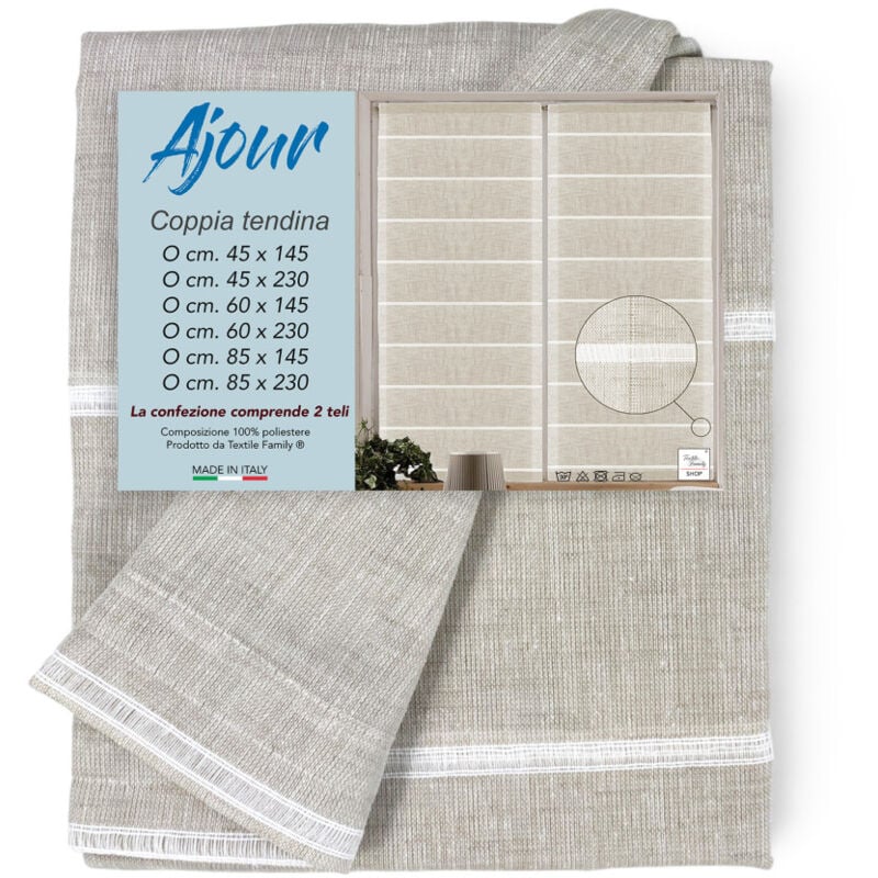 foto del prodotto tex family coppia tendina vetro moderna larga 45 o 60 o 85 ajour beige coppia 2 teli cm. 45x145