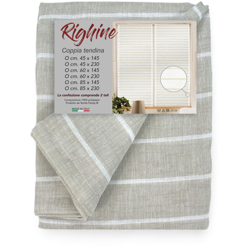 foto del prodotto tex family coppia tendina vetro moderna larga 45 o 60 o 85 righine beige coppia 2 teli cm. 45x230