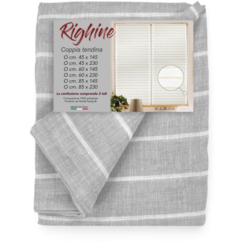 foto del prodotto tex family coppia tendina vetro moderna larga 45 o 60 o 85 righine grigio coppia 2 teli cm. 45x230