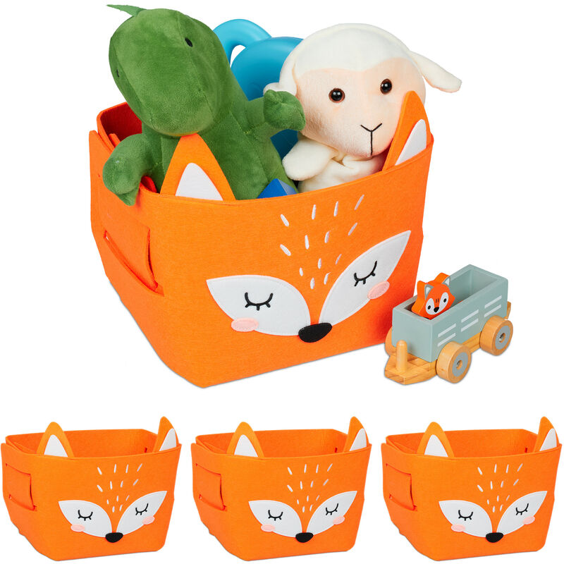 immagine 0 del prodotto 4x box portagiocattoli, cesta portaoggetti, feltro, hlp 24x27x18 cm, design con volpe, camera bambini, arancione