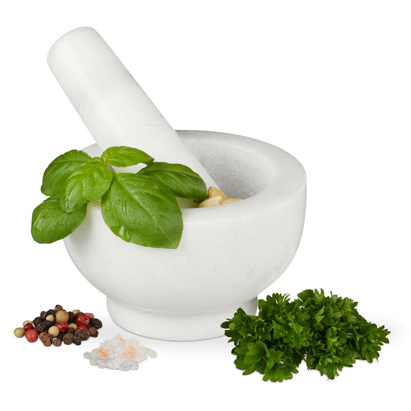 immagine 0 del prodotto mortaio pestello in marmo, robusto resistente, erbe aromatiche, in pietra lucida, v 120ml, 10, bianco relaxdays