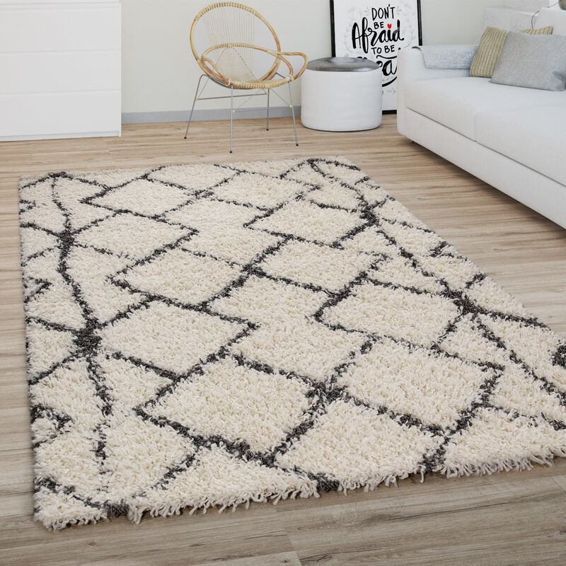 foto del prodotto paco home tappeto salotto pelo lungo shaggy moderno boho scandinavo motivo diamante 160x220 cm, crema antracite 2