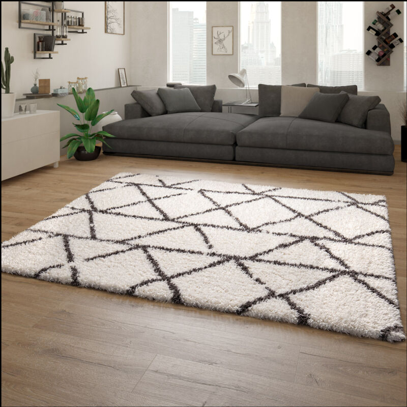 foto del prodotto paco home tappeto salotto pelo lungo shaggy moderno scandinavo diamanti grigio crema 80x150 cm