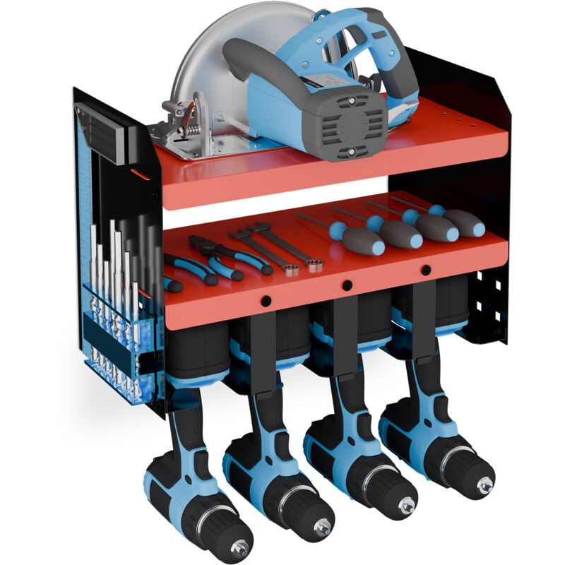 foto del prodotto organizer per attrezzi elettrici, portautensili da lavoro, per 4 trapani, per garage e officina, rosso nero relaxdays