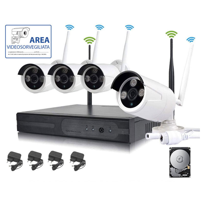 foto del prodotto kit videosorveglianza wireless full hd ip 4 telecamere 2 mpx wifi da remoto 1tb