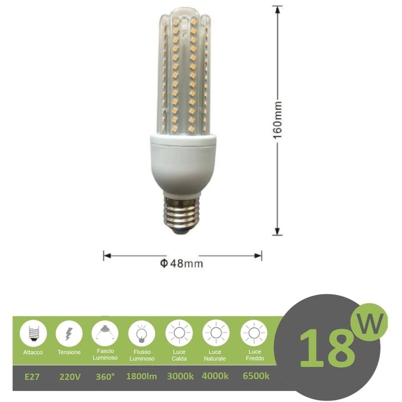 foto del prodotto lampadina led e27 18w 4u luce tubolare tubo attacco grande lineare bianca fredda naturale calda naturale