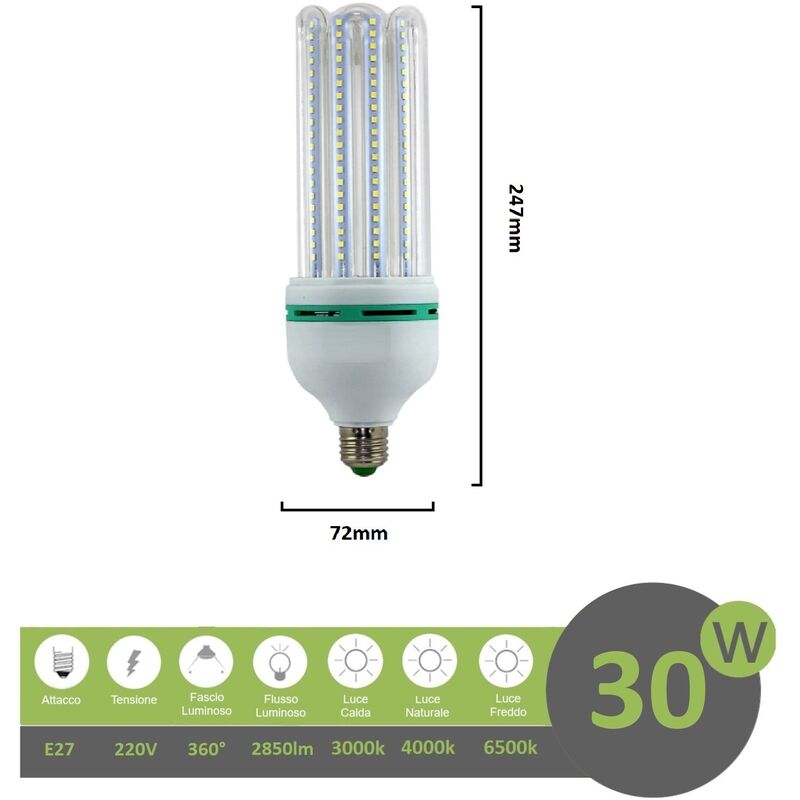 foto del prodotto lampadina led e27 30w 4u luce tubolare tubo attacco grande lineare bianca fredda naturale calda naturale