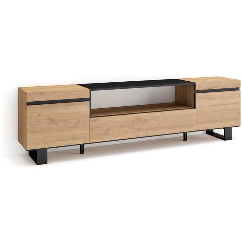 foto del prodotto mobile tv soggiorno, ampio spazio a disposizione, 200x57x35cm, per tv fino a 80 , design industriale, stile moderno, rovere e nero skraut home