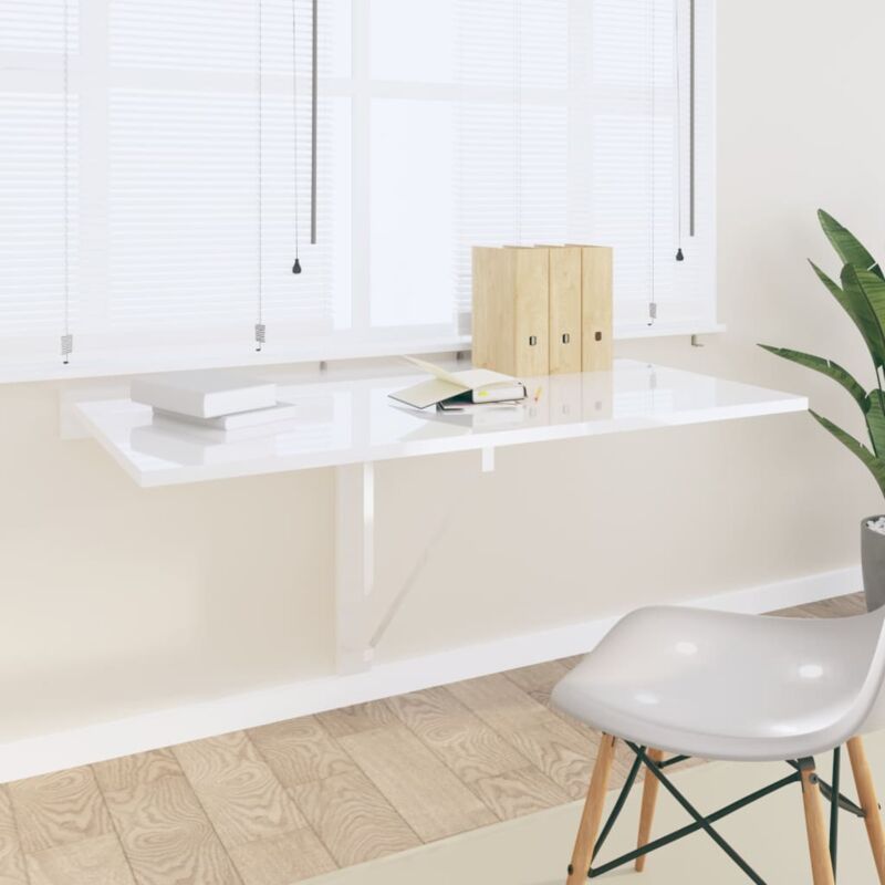 foto del prodotto vidaxl tavolino muro pieghevole bianco lucido 100x60x56 cm multistrato