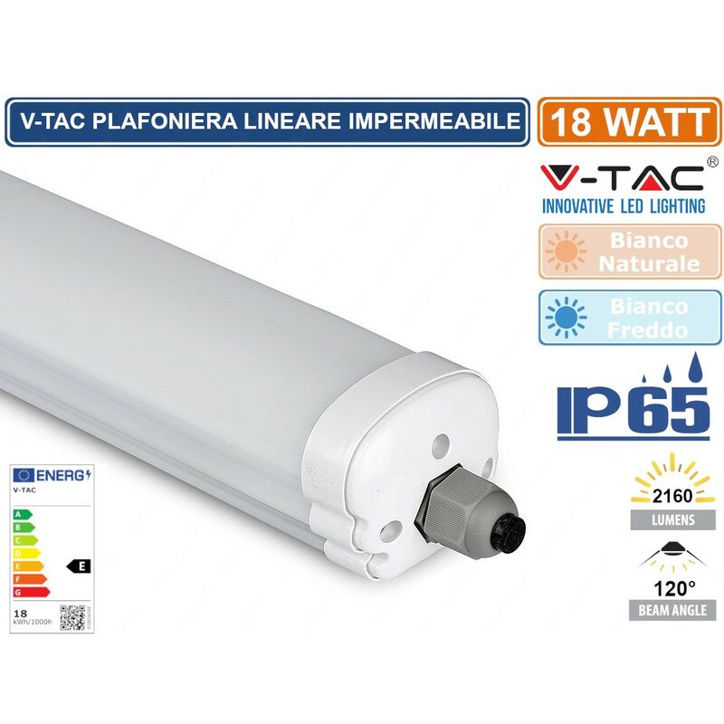 foto del prodotto vt 6076 tubo led plafoniera 18w lampadina 60cm impermeabile sku 216283 216282 colore luce bianco freddo v tac