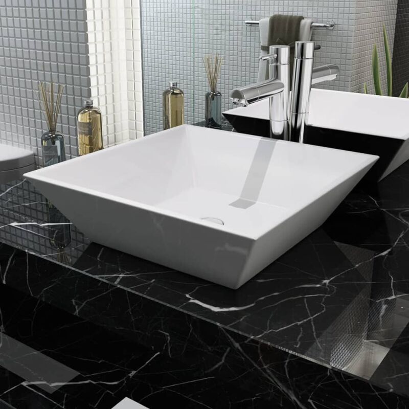 foto del prodotto lavabo da appoggio lavandino bagno quadrato in ceramica bianca 41,5x41,5x12 cm bv350776 bonnevie